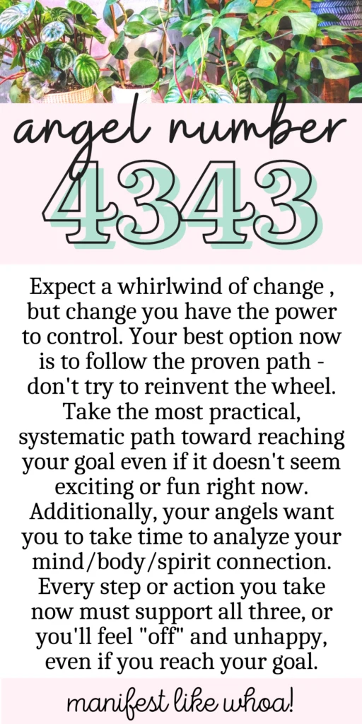 Angel number 4343 means Expect a whirlwind of change , but change you have the power to control. Your best option now is to follow the proven path - don't try to reinvent the wheel. Take the most practical, systematic path toward reaching your goal even if it doesn't seem exciting or fun right now. Additionally, your angels want you to take time to analyze your mind/body/spirit connection. Every step or action you take now must support all three, or you'll feel "off" and unhappy, even if you reach your goal.