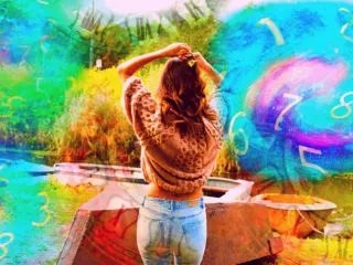 numerology concept beautiful woman with her back facing the camera and colorful numbers swirling around her in a haze